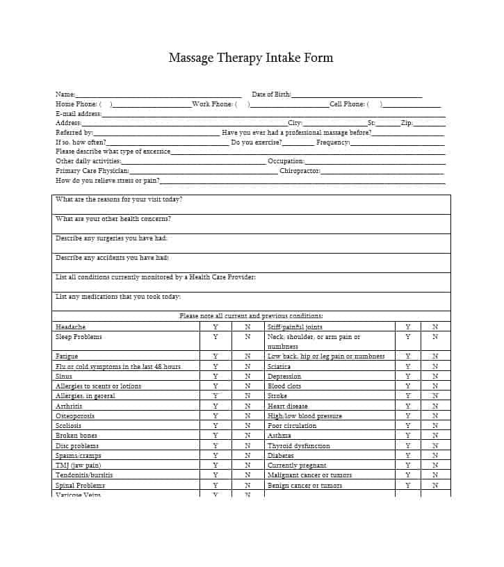 Massage Intake Form Template 53